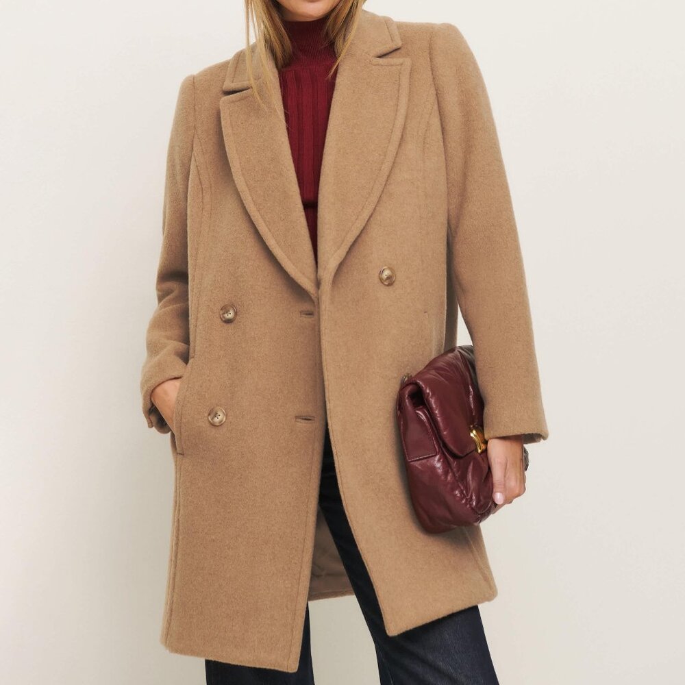 Reformation Kai Double-Breasted Wool-Blend Coat in Khaki